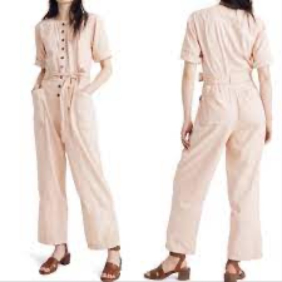 Madewell Top Stitched Coverall Belt Jumpsuit Peach/Pink Womens Size 2 - Picture 1 of 13